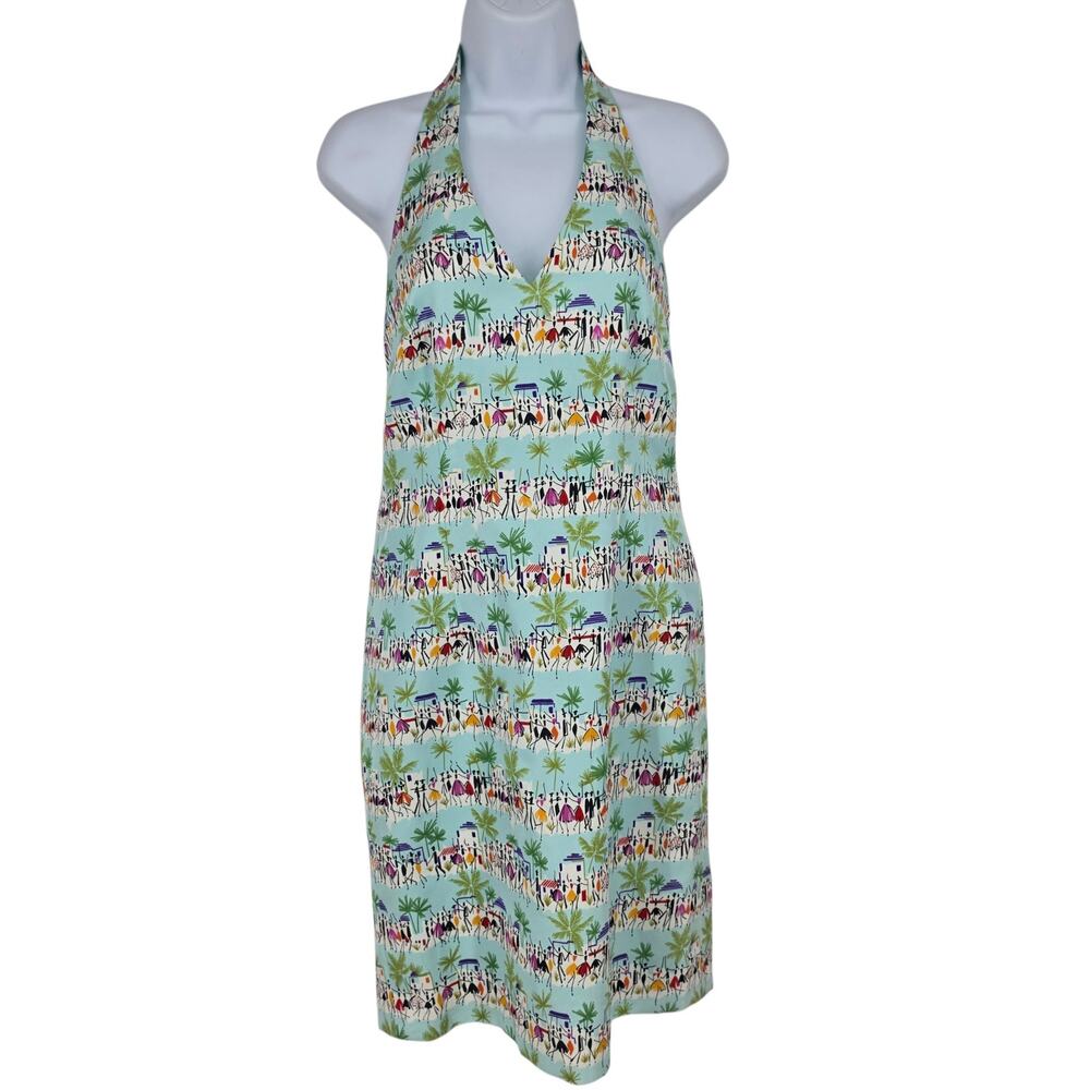 Vintage 00s David Meister Blue Tropical Print Silk Cotton Halter Dress Size 6